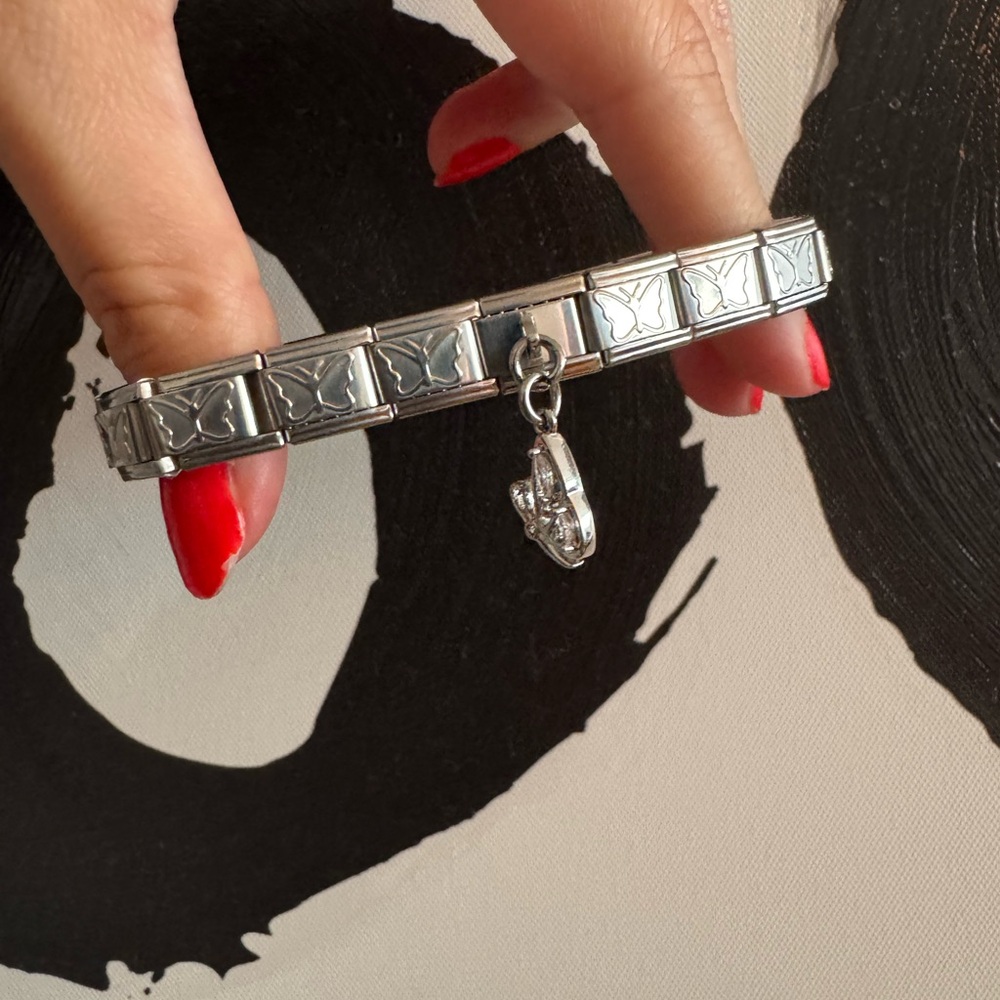 Butterflies Italian Charm Bracelet with Crystal Wing Dangle